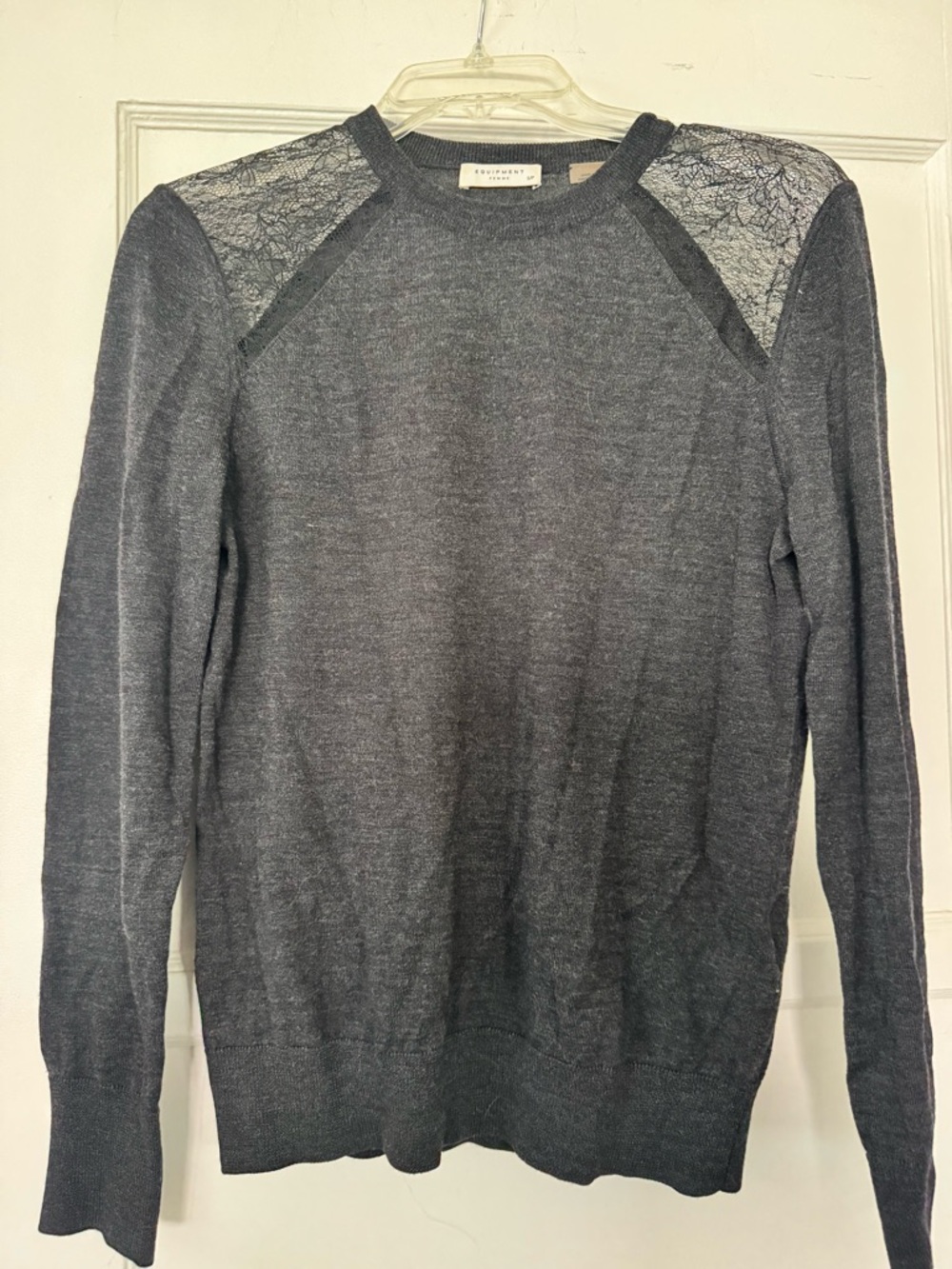 Equipment women’s Gray Crewneck Sweater with Lace-Detail Shoulders